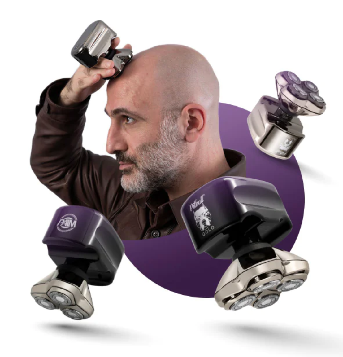Pitbull shaver innovation collage showing a bald man shaving his head with Pitbull models around him